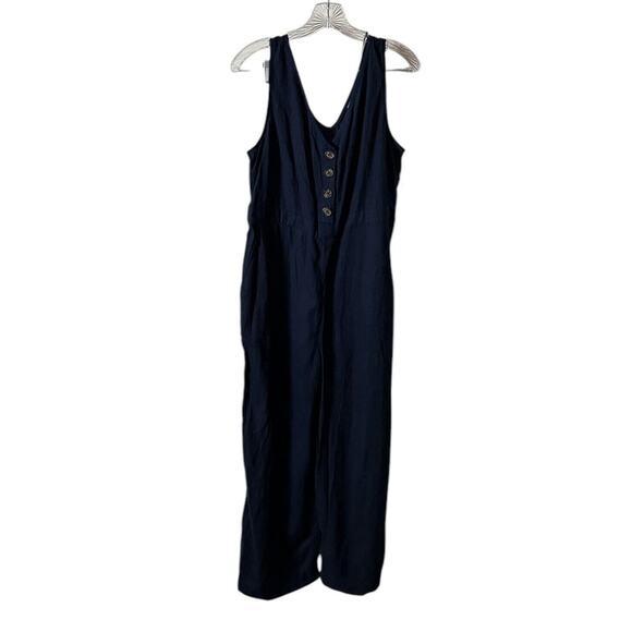 Time And Tru Navy Blue Linen Jumpsuit Romper M (8 - 10) Button Up No Belt NWT - Picture 4 of 12